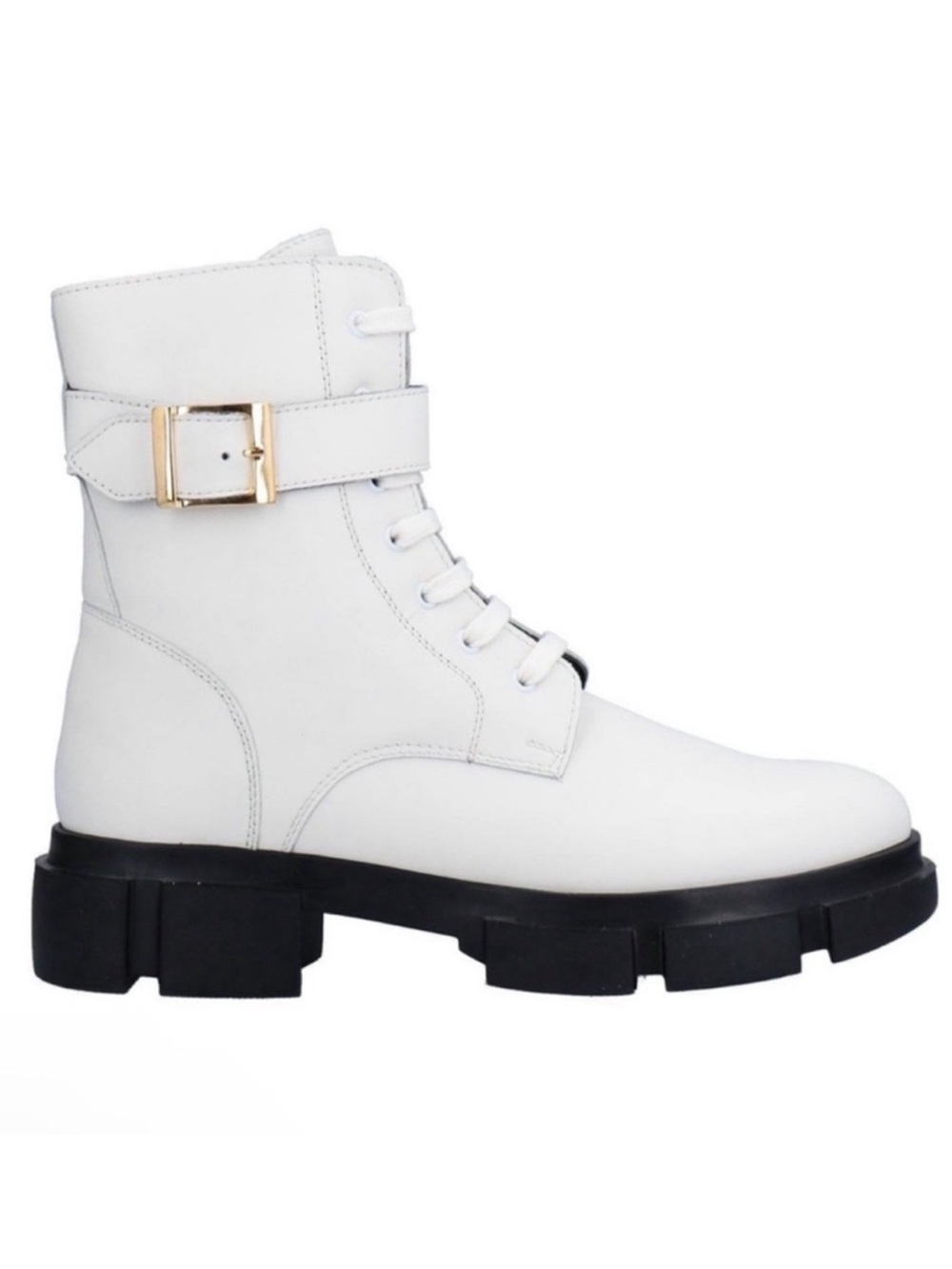 New! NORA BARTH Italy Iconic White Leather Combat Boots Gold Buckle